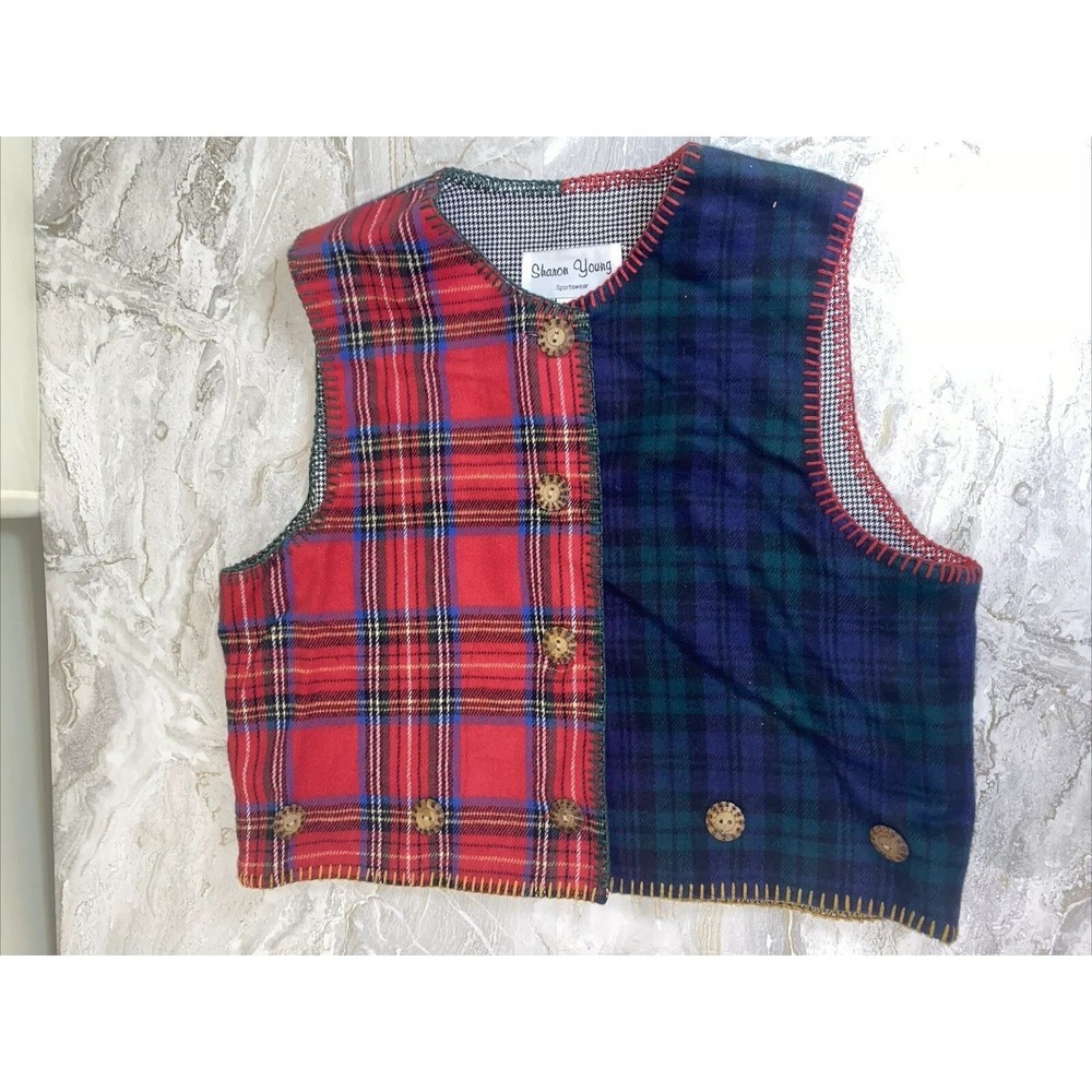 VTG 80s 90s Large Sharon Young Christmas Plaid Tartan Vest Houndstooth